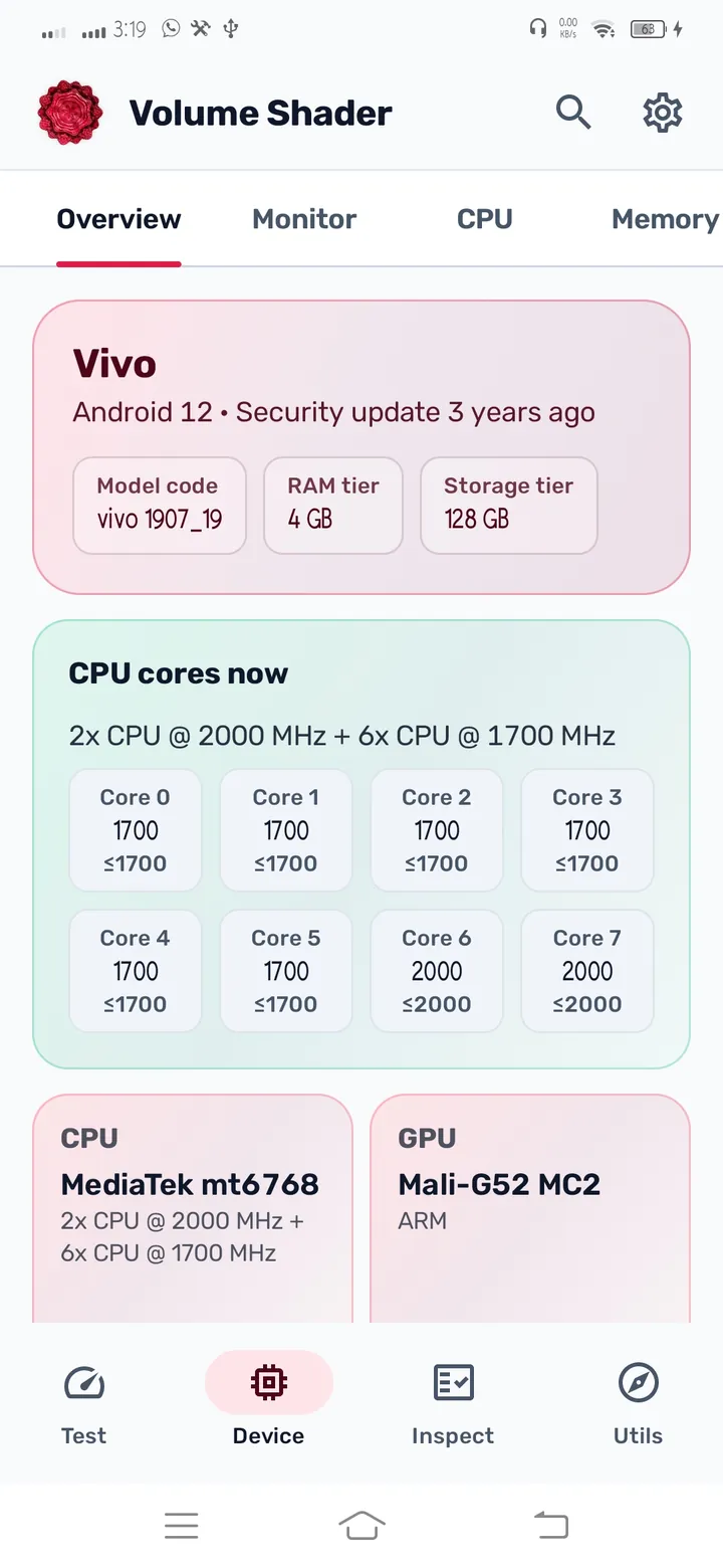 Device overview with CPU, GPU, RAM, and storage at a glance