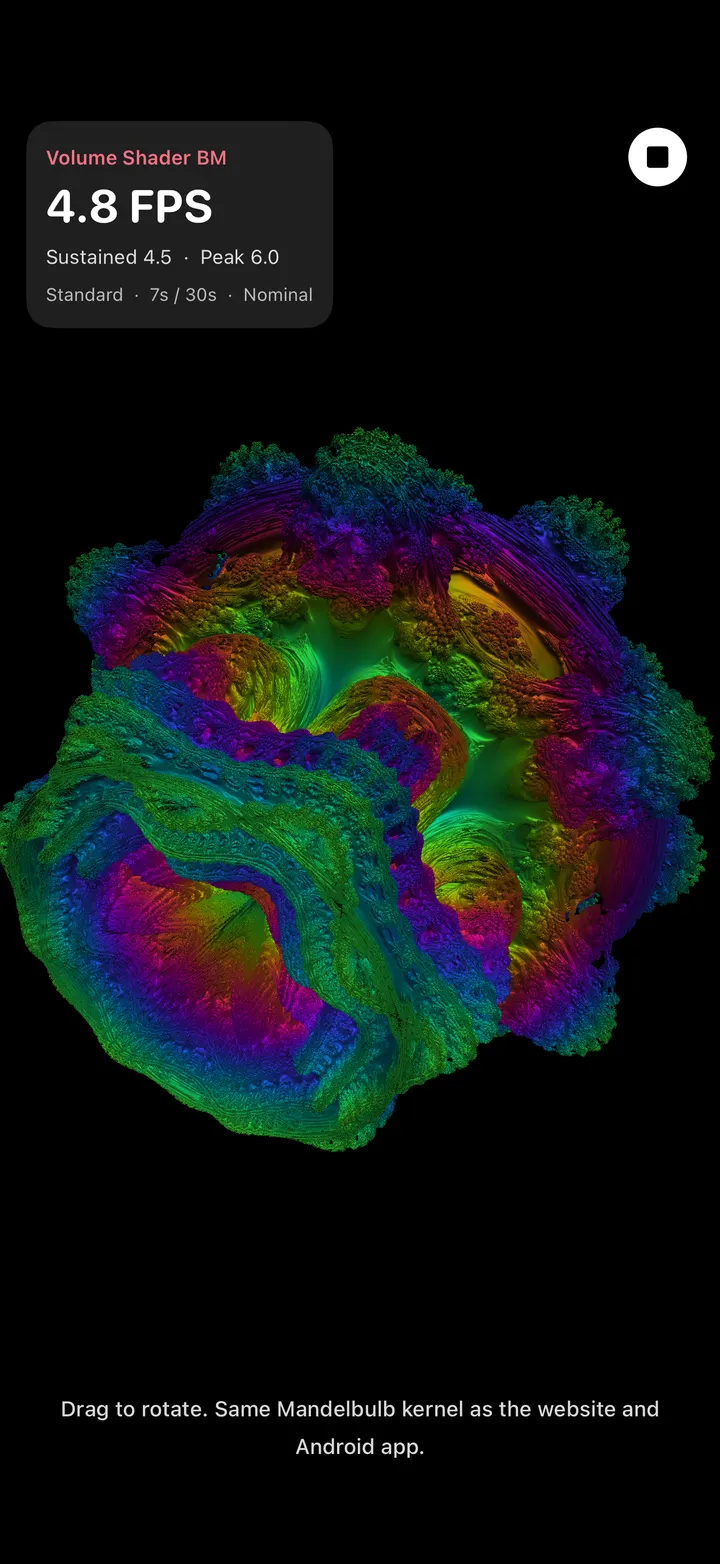 The Metal Mandelbulb running with live FPS and gesture controls
