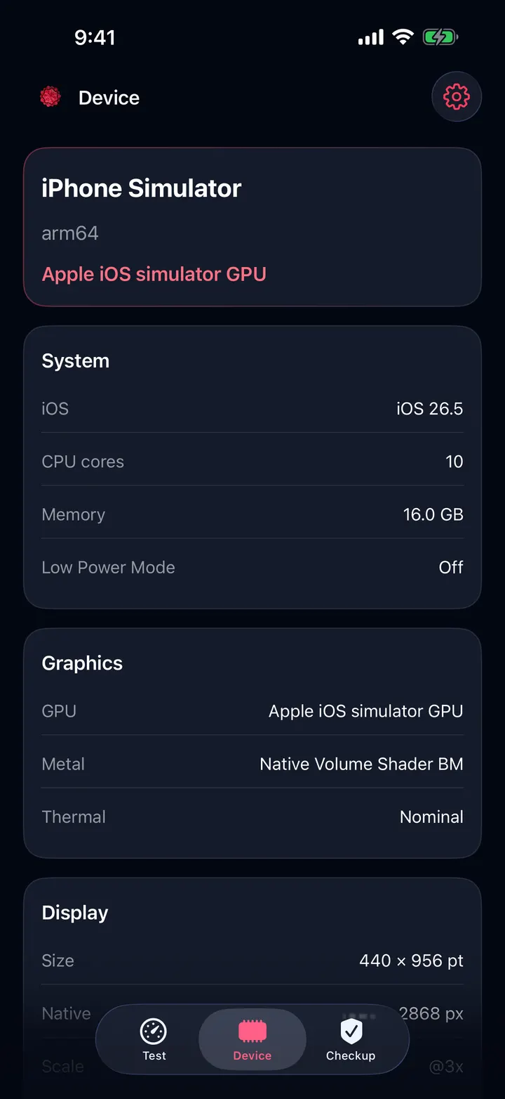 Device overview with GPU, memory, display, storage, and thermal state