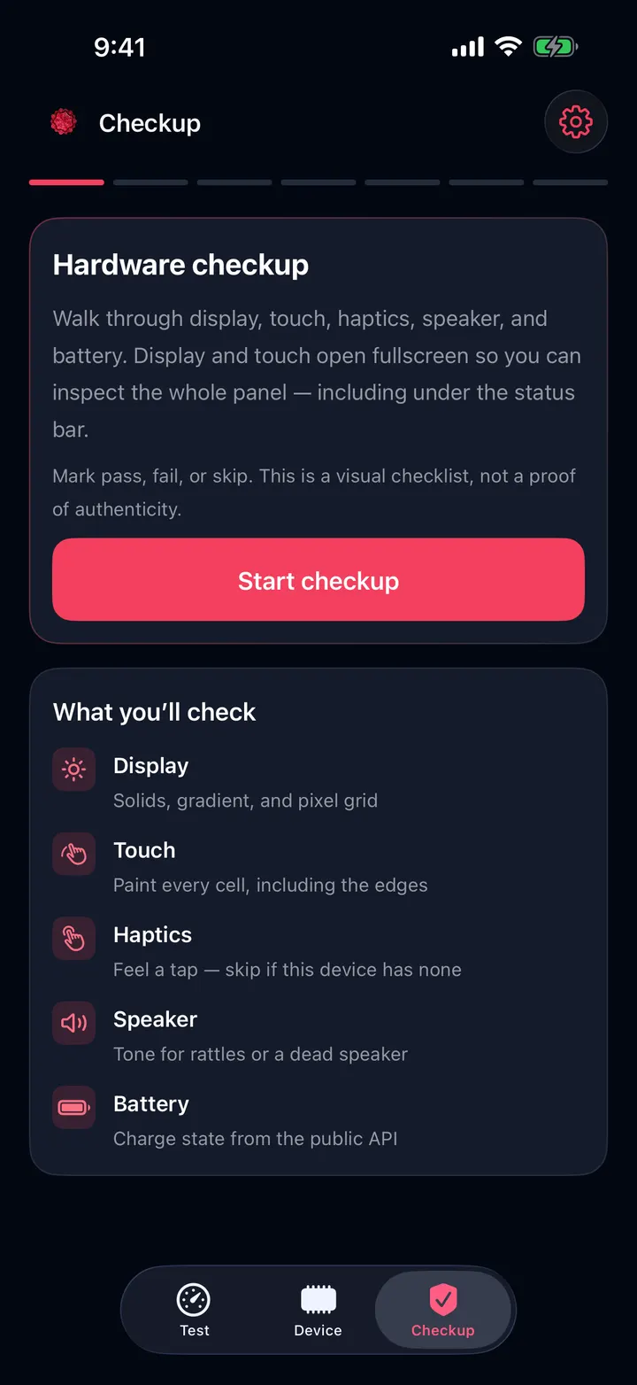 Hardware checkup for display, touch, haptics, speaker, and battery